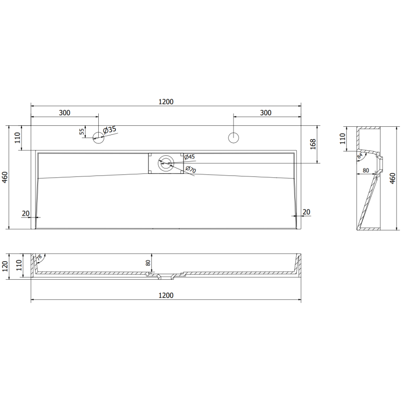 Mexen Ava stalviršio praustuvas iš konglomerato 2/O 120 x 46 cm, juodas - 23011272