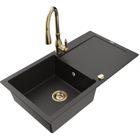 Mexen Leo 1-skylių granito plautuvė su nutekamąja lėkšte ir virtuviniu maišytuvu Savita, juoda/auksinė metalo
