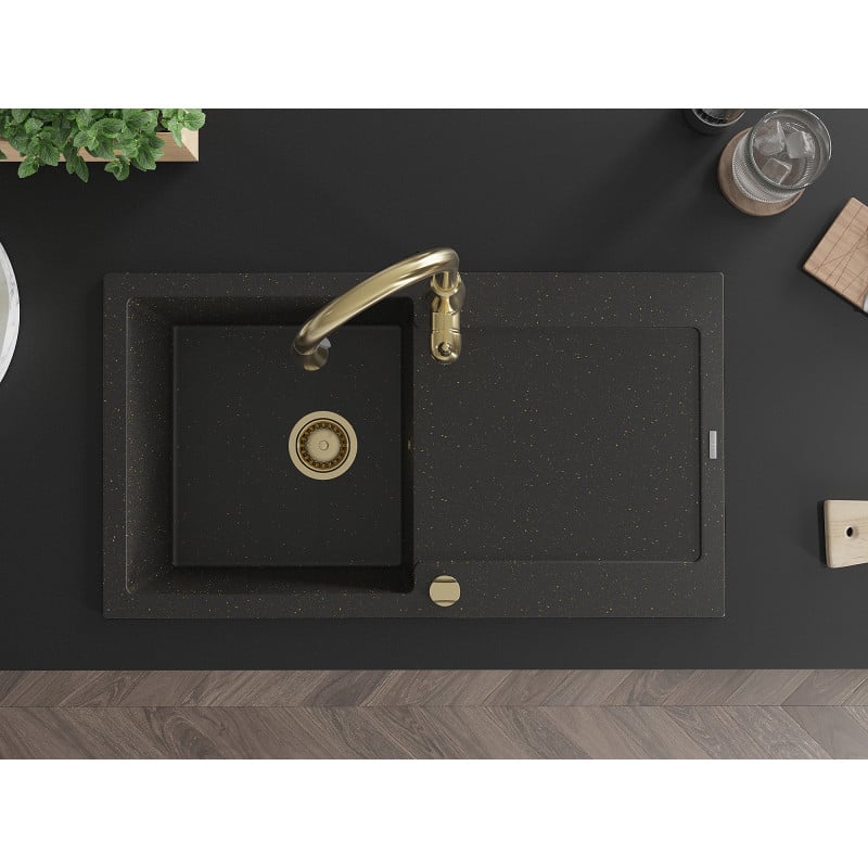 Mexen Leo 1-skylių granito plautuvė su nutekamąja lėkšte ir virtuviniu maišytuvu Savita, juoda/auksinė metalo