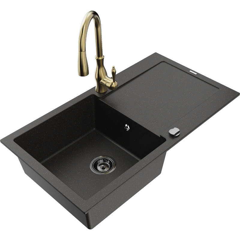 Mexen Leo grindinis virtuvės kriauklė su viena kamera, su nutekėjimo sistema ir virtuvės maišytuvu 'Savita', juoda/aukso