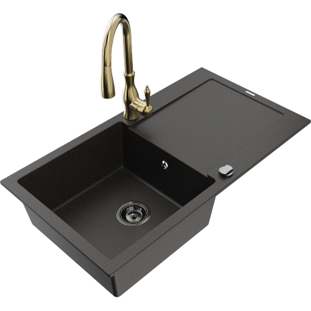 Mexen Leo grindinis virtuvės kriauklė su viena kamera, su nutekėjimo sistema ir virtuvės maišytuvu 'Savita', juoda/aukso