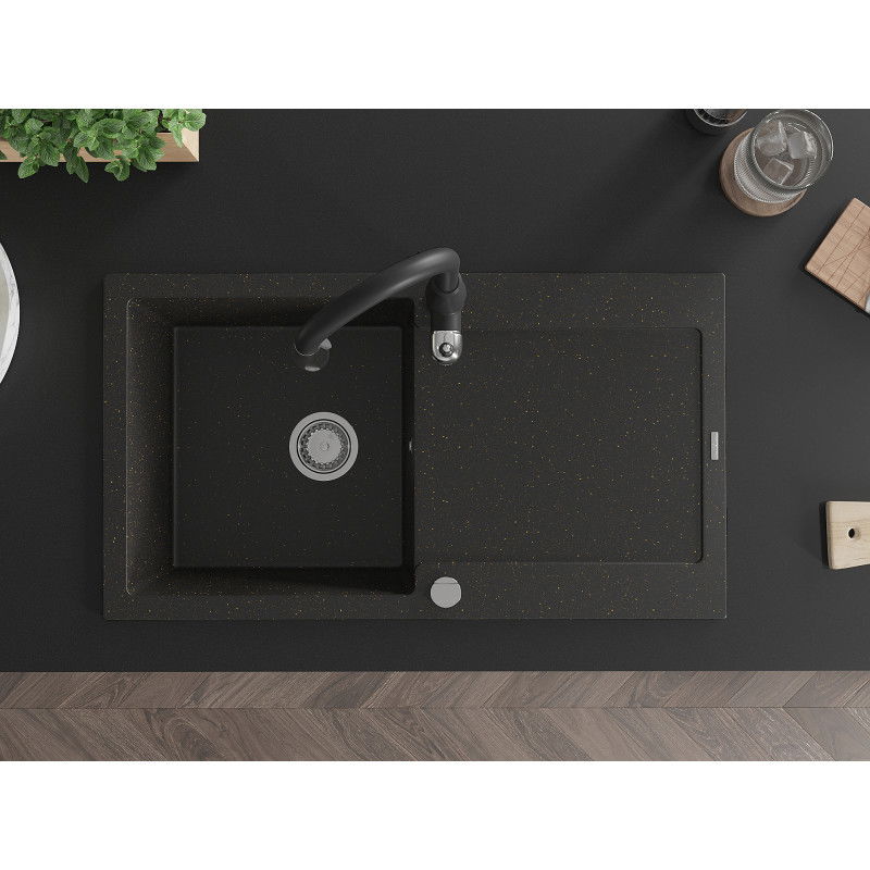 Mexen Leo granitinė vienos kameros kriauklė su nutekėjimu ir virtuviniu maišytuvu "Savita", juoda/auksinė metalo spalva
