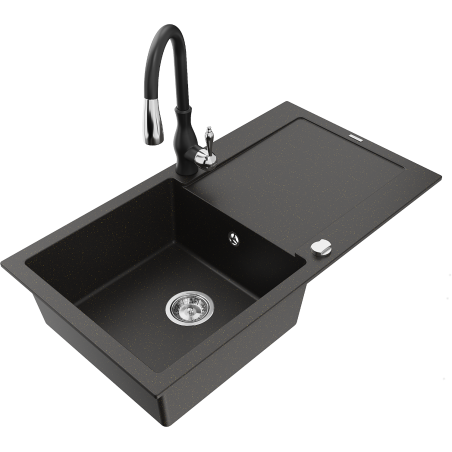 Mexen Leo granitinė vienos kameros kriauklė su nutekėjimu ir virtuviniu maišytuvu "Savita", juoda/auksinė metalo spalva