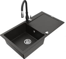 Mexen Leo granitinė vienos kameros kriauklė su nutekėjimu ir virtuviniu maišytuvu "Savita", juoda/auksinė metalo spalva