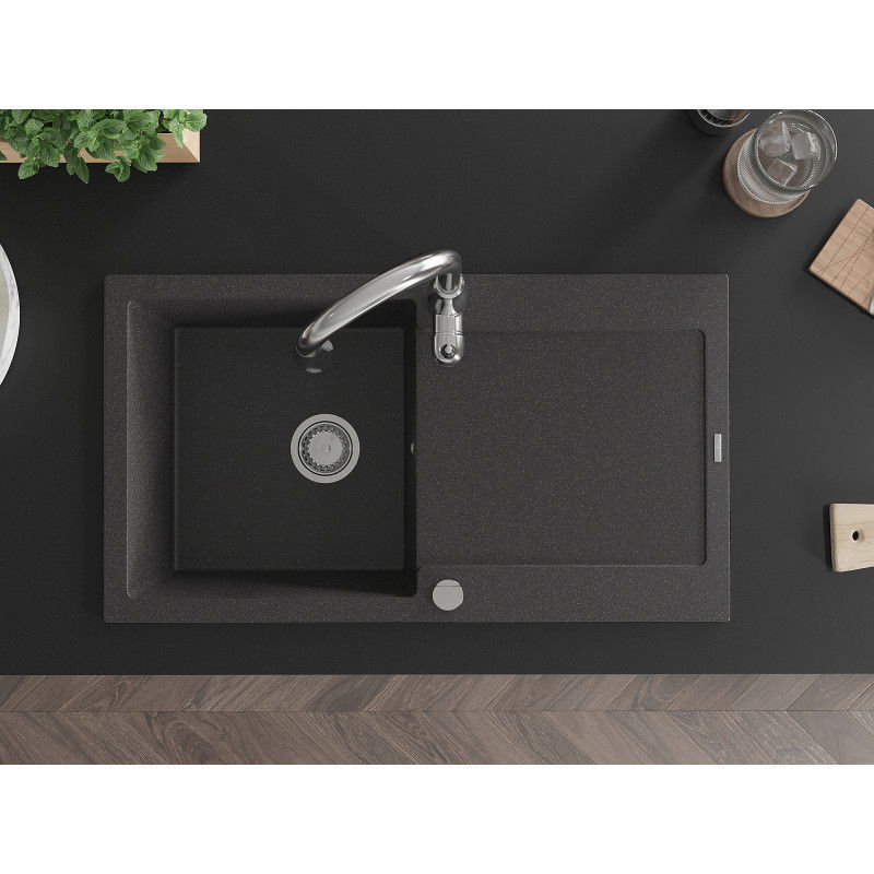 Mexen Leo granitinė vieno dubens plautuvė su nusausintuvu ir virtuviniu maišytuvu Savita, juodos spalvos su taškeliais