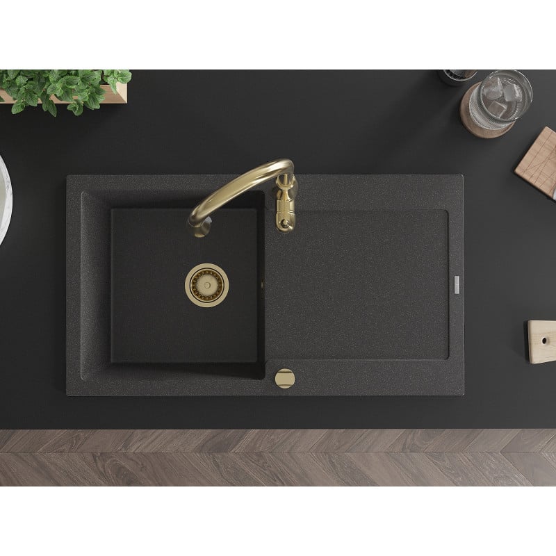 Mexen Leo granitinė vienos kameros plautuvė su nuvarvėjimu ir virtuvės maišytuvu Savita, juoda su dėmėmis