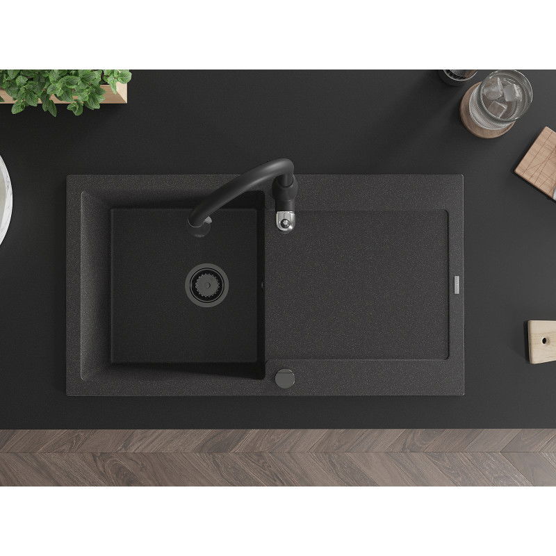Mexen Leo granito plautuvė 1-skyriumi su nusausintuvu ir virtuviniu maišytuvu Savita, juoda dėmėta - 6501-76-672601-70-B