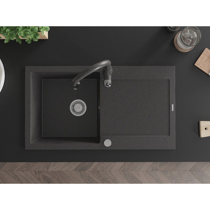 Mexen Leo granitinė vienos plautuvės kriauklė su lašykla ir virtuves čiaupu Savita, juodos spalvos su taškeliais