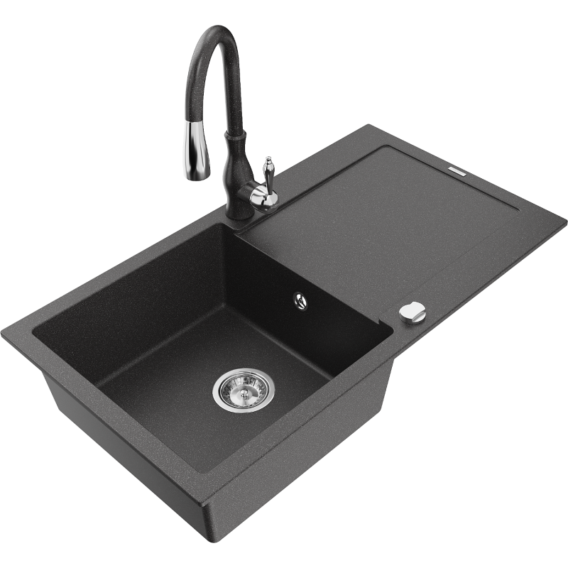 Mexen Leo granitinė vienos plautuvės kriauklė su lašykla ir virtuves čiaupu Savita, juodos spalvos su taškeliais