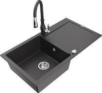 Mexen Leo granitinė vienos plautuvės kriauklė su lašykla ir virtuves čiaupu Savita, juodos spalvos su taškeliais