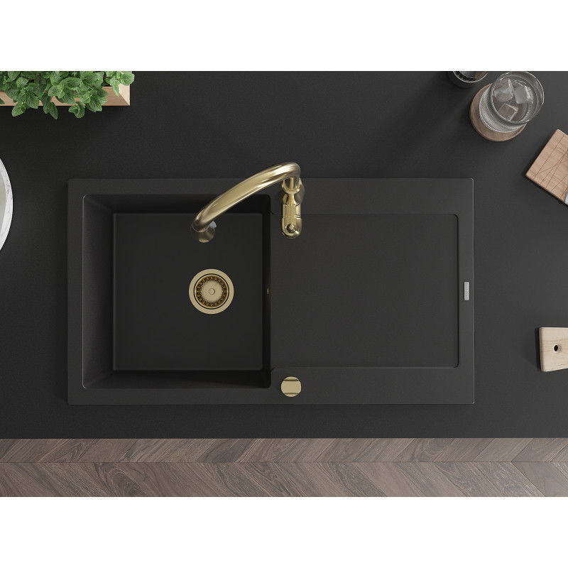 Mexen Leo vienos dalies granito plautuvė su nusausinimo lenta ir virtuviniu maišytuvu Savita, juoda - 6501-77-672601-50