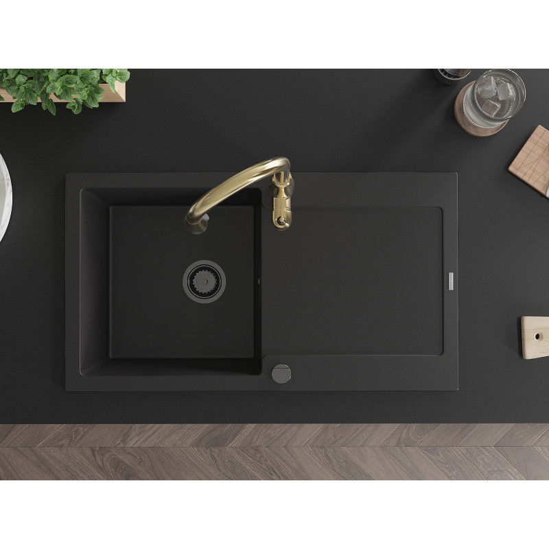 Mexen Leo granitinė vienos dubens plautuvė su lašėjimo zona ir virtuvine maišytuvu Savita, juoda - 6501-77-672601-50-B