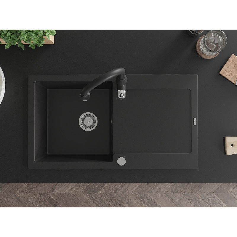 Mexen Leo granitinis plautuvės 1-kamerinis su drenažu ir virtuviniu maišytuvu Savita, juodas - 6501-77-672601-70