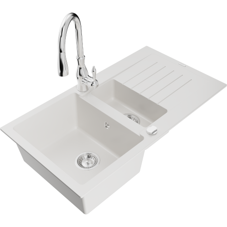 Mexen Matias granitinė kriauklė 1,5 karšto su nusausintuvu ir virtuvės maišytuvu Savita, balta - 6502-20-672601-00