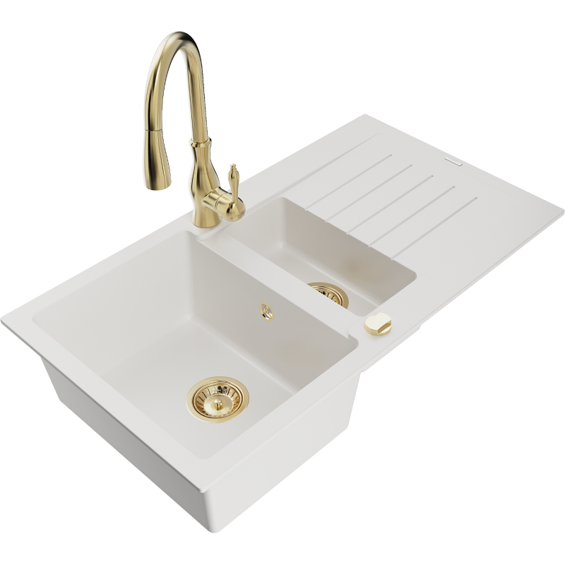 Mexen Matias granitinė 1,5 kamerų kriauklė su nusausintuvu ir virtuviniu maišytuvu Savita, balta - 6502-20-672601-50