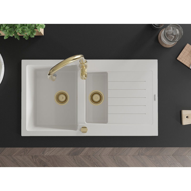 Mexen Matias granitinė 1,5 kamerų kriauklė su nusausintuvu ir virtuviniu maišytuvu Savita, balta - 6502-20-672601-50