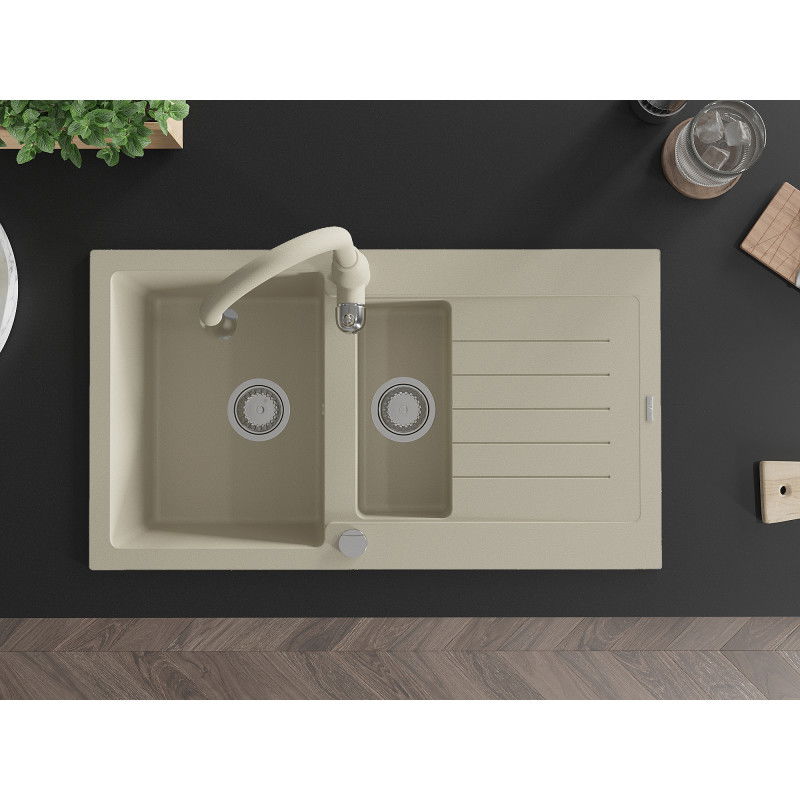 Mexen Matias granito kriauklė 1,5 kamerų su lataku ir virtuviniu maišytuvu Savita, smėlio spalvos - 6502-69-672601-69