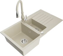 Mexen Matias granito kriauklė 1,5 kamerų su lataku ir virtuviniu maišytuvu Savita, smėlio spalvos - 6502-69-672601-69