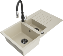 Mexen Matias granito kriauklė 1,5 skylių su drenažu ir virtuviniu maišytuvu Savita, smėlio spalvos - 6502-69-672601-70