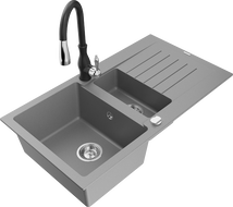 Mexen Matias granitinė pusantros plautuvės kriauklė su nusodintuvu ir virtuviniu maišytuvu Savita, pilka - 6502-71-672601-70