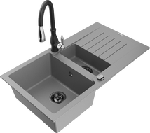 Mexen Matias granito plautuvas su 1,5 kameromis ir laikikliu bei virtuvės maišytuvu Savita, pilkas - 6502-71-672601-70-B