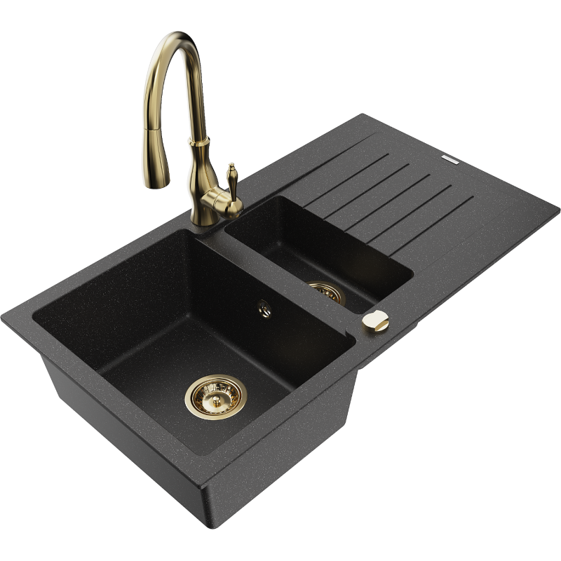 Mexen Matias 1,5 skylių granitinė kriauklė su drenažu ir virtuviniu maišytuvu Savita, juoda/sidabrinė - 6502-73-672601-50