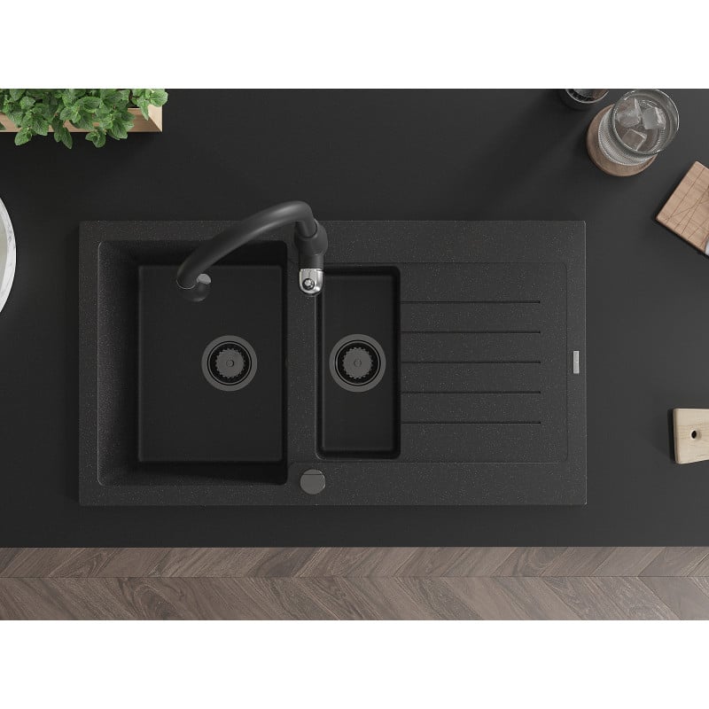 Mexen Matias granitinė 1,5 skyrių kriauklė su nutekėjimu ir virtuvės maišytuvu Savita, juoda/sidabrinė