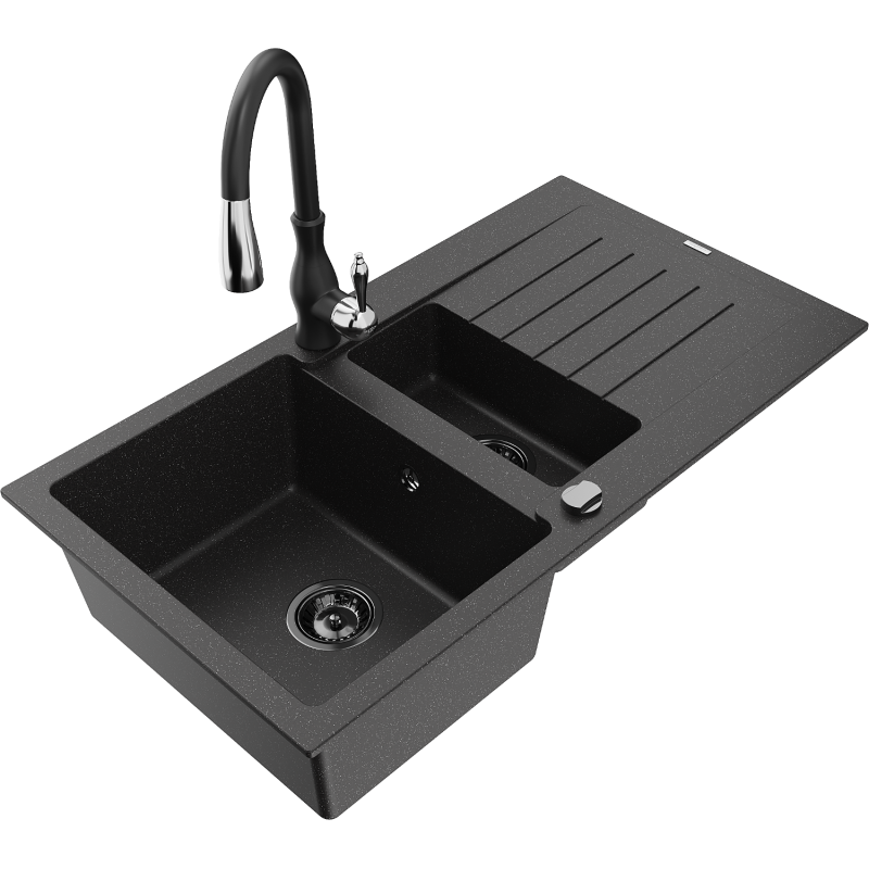 Mexen Matias granitinė 1,5 skyrių kriauklė su nutekėjimu ir virtuvės maišytuvu Savita, juoda/sidabrinė