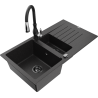 Mexen Matias granitinė 1,5 skyrių kriauklė su nutekėjimu ir virtuvės maišytuvu Savita, juoda/sidabrinė