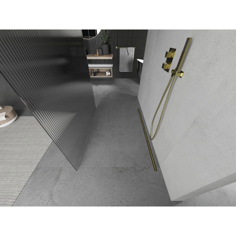 Mexen Kioto stovėjanti dušo siena 100 x 200 cm, dryžuota 8 mm, auksinė - 800-100-002-50-09