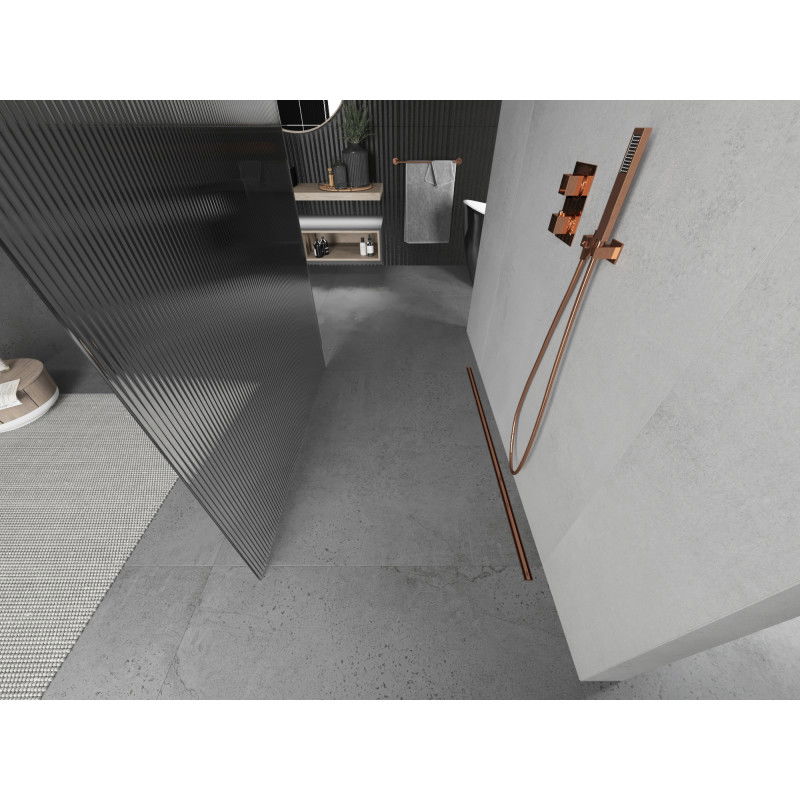 Mexen Kioto laisvai stovinti dušo sienelė 110 x 200 cm, ruoželiai 8 mm, rožinis auksas - 800-110-002-60-09