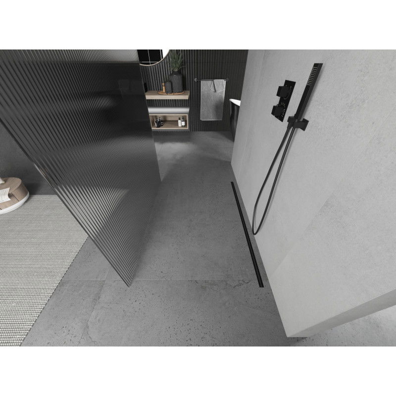 Mexen Kioto laisvai pastatoma dušo siena 130 x 200 cm, dryžuota 8 mm, juoda - 800-130-002-70-09