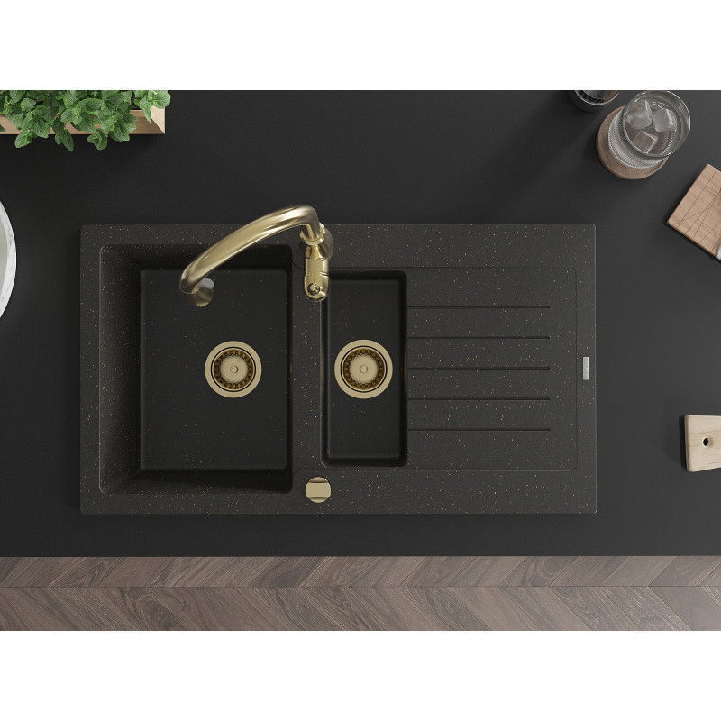 Mexen Matias granitinis 1,5 kamerų kriauklė su kiaurymu ir virtuviniu maišytuvu Savita, juodas/auksinis - 6502-75-672601-50