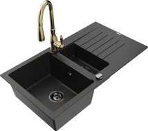 Mexen Matias granito plautuvė 1,5 kamerų su nutekėjimu ir virtuviniu čiaupu Savita, juoda/auksinė - 6502-75-672601-50-B