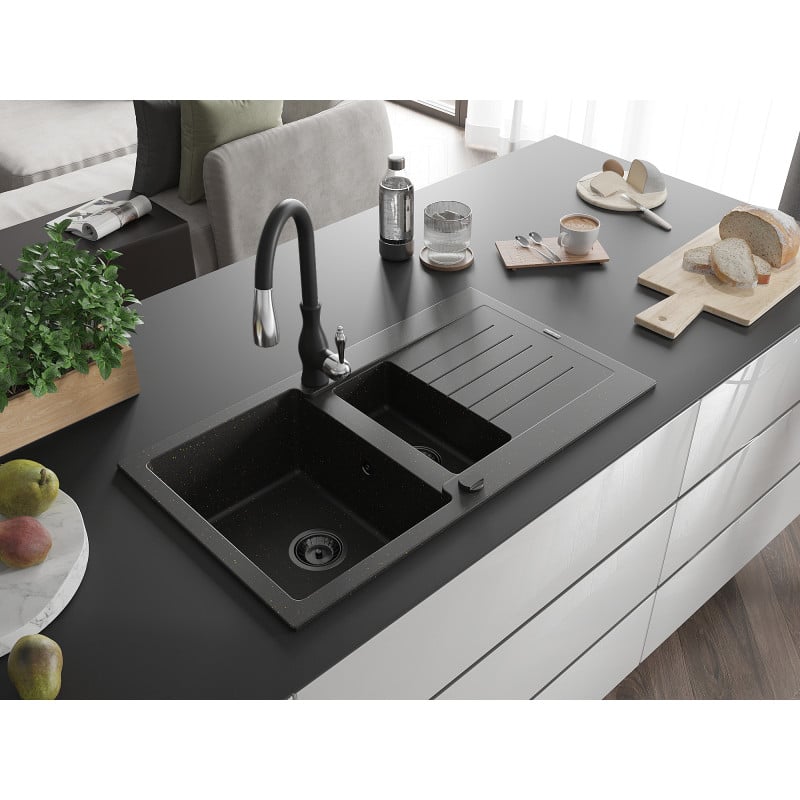 Mexen Matias 1,5 kamerų granitinis plautuvas su nutekėjimo sritimi ir virtuvės čiaupu Savita, juodas/auksinis