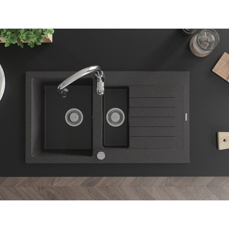 Mexen Matias granito kriauklė su 1,5 stalčiais ir Savita virtuviniu maišytuvu, juoda dėmėta - 6502-76-672601-00