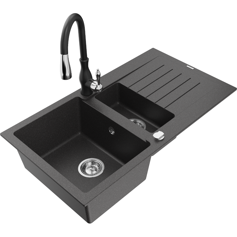 Mexen Matias granitinė 1,5 sekcijos plautuvė su nutekėjimo vieta ir virtuviniu maišytuvu Savita, juoda su taškeliais