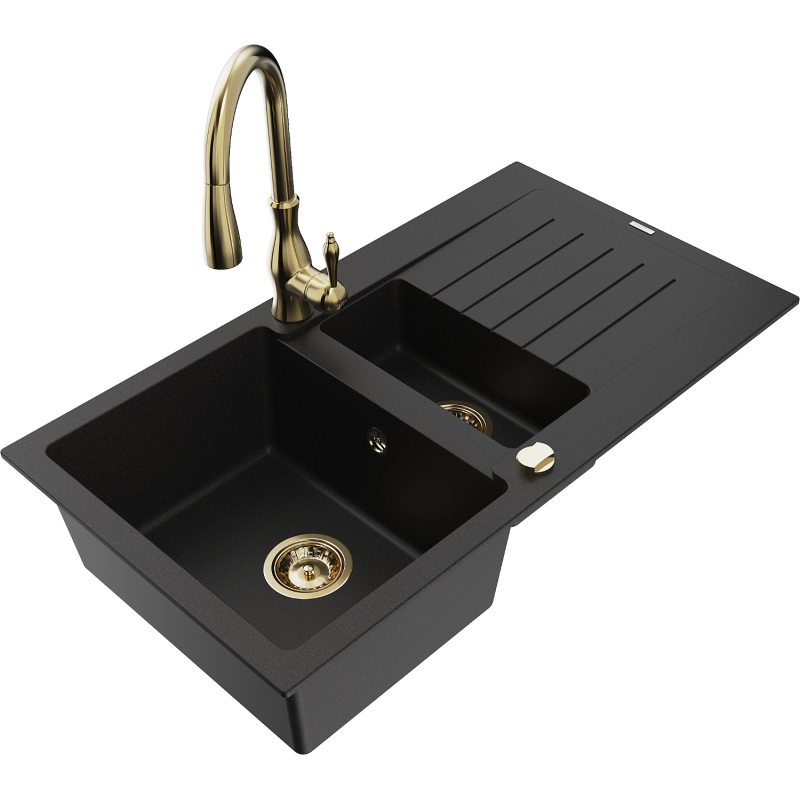 Mexen Matias 1,5 skylių granitinė virtuvės kriauklė su nusausinimo plokšte ir virtuviniu maišytuvu Savita, juoda