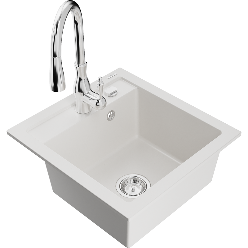 Mexen Vito granitinė vienos kameros plautuvė su virtuviniu maišytuvu Savita, balta - 6503-20-672601-00