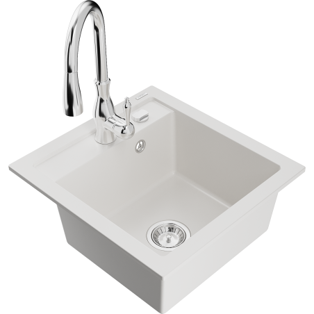 Mexen Vito granitinė vienos kameros plautuvė su virtuviniu maišytuvu Savita, balta - 6503-20-672601-00