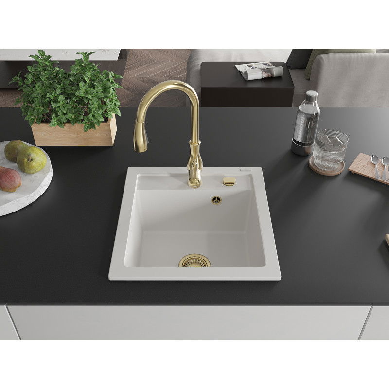 Mexen Vito vienos komoros granito kriauklė su virtuvės maišytuvu Savita, balta - 6503-20-672601-50