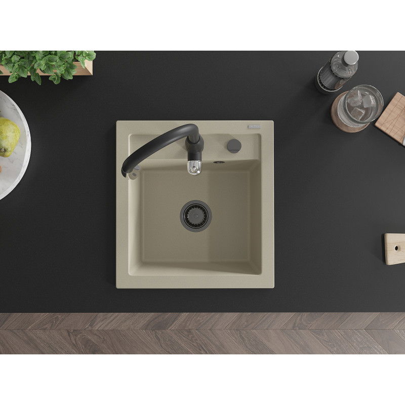 Mexen Vito granito virtuvės plautuvė 1 skyrelio su virtuviniu maišytuvu Savita, smėlio spalvos - 6503-69-672601-70