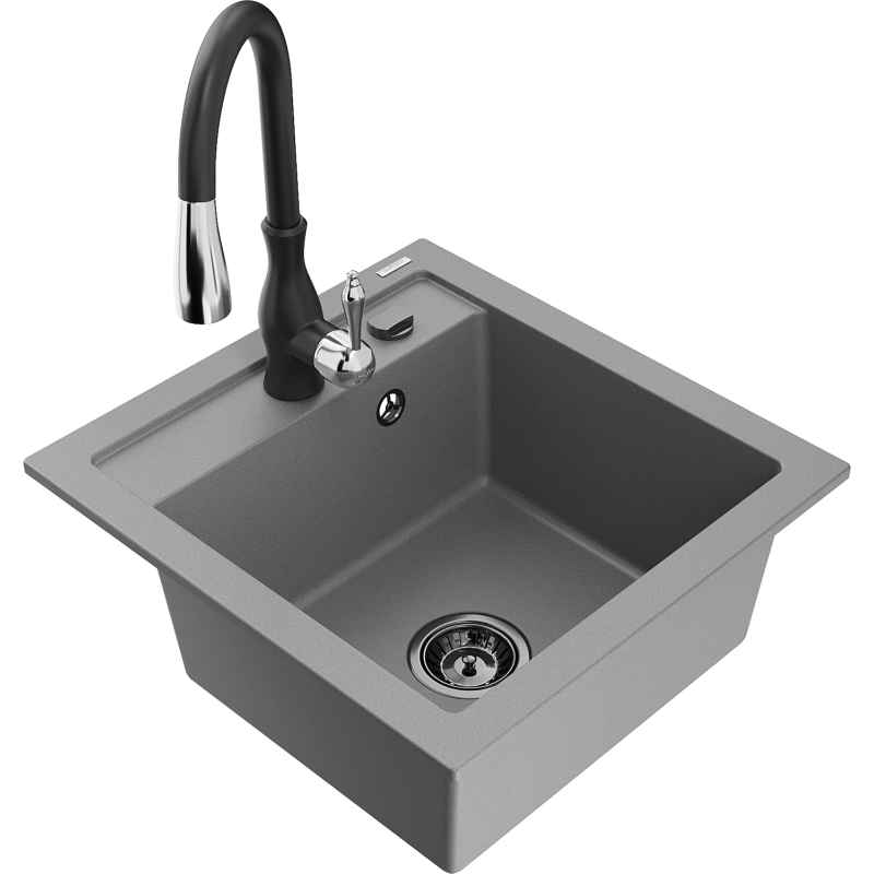 Mexen Vito granitinis vienos komoros plautuvas su virtuviniu maišytuvu Savita, pilkas - 6503-71-672601-70-B