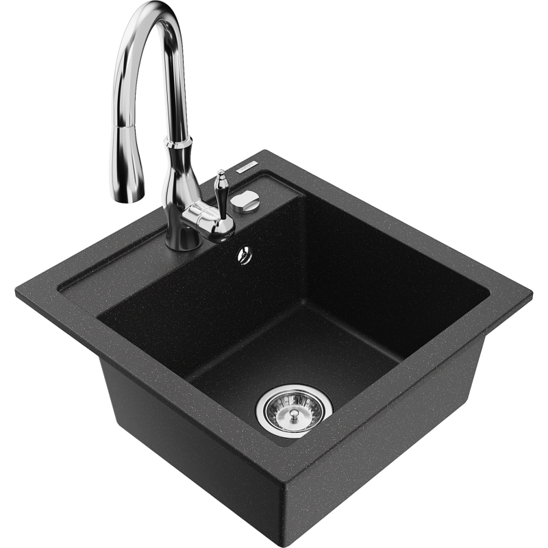 Mexen Vito vienos kameros granitinė virtuvinė kriauklė su virtuviniu maišytuvu Savita, juoda/sidabrinė metalik