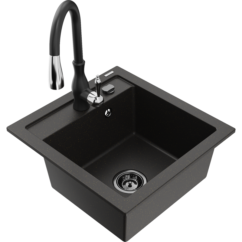 Mexen Vito granitinė vienos plautuvės kriauklė su virtuviniu maišytuvu Savita, juoda/auksinė metaliko - 6503-75-672601-70-B