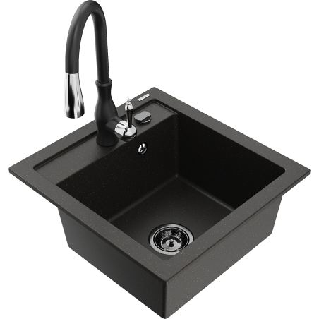 Mexen Vito granitinė vienos plautuvės kriauklė su virtuviniu maišytuvu Savita, juoda/auksinė metaliko - 6503-75-672601-70-B