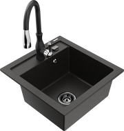 Mexen Vito granitinė vienos plautuvės kriauklė su virtuviniu maišytuvu Savita, juoda/auksinė metaliko - 6503-75-672601-70-B