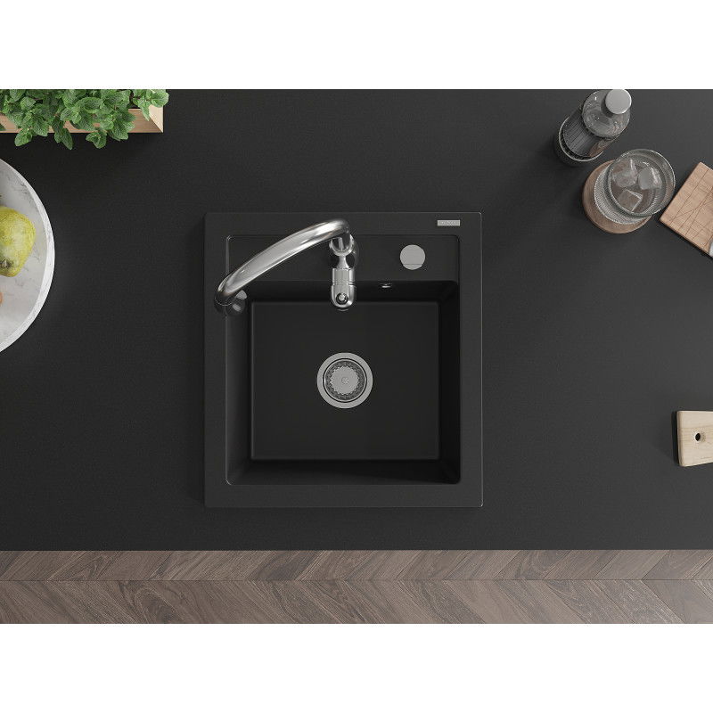 Mexen Vito granito plautuvė su vienu dubeniu ir virtuvės maišytuvu Savita, juoda - 6503-77-672601-00