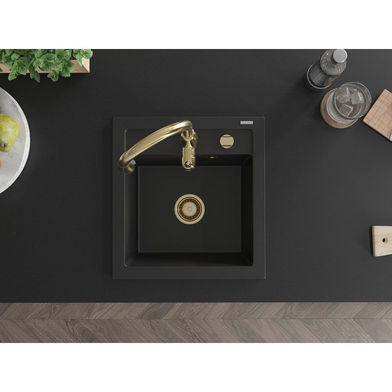 Mexen Vito granitinis vienos kameros plautuvės komplektas su virtuviniu maišytuvu Savita, juodas - 6503-77-672601-50