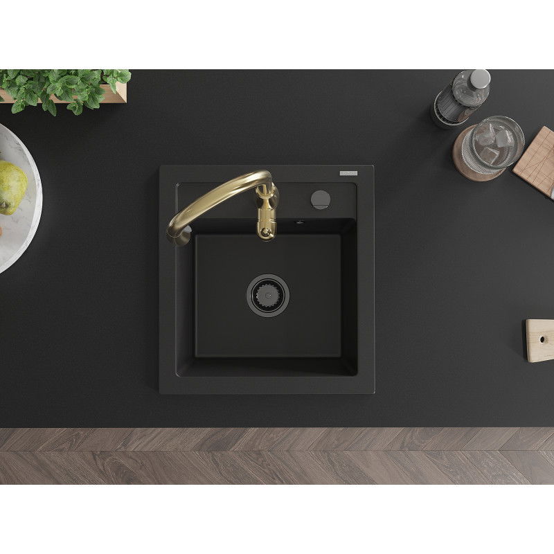 Mexen Vito vienos plautuvės granitinė kriauklė su virtuviniu maišytuvu Savita, juoda - 6503-77-672601-50-B